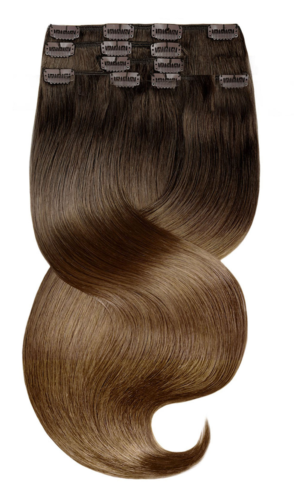 CLIP IN EXTENSIONS SOMBRÉ BALAYAGE Marrone cioccolato scuro e marrone dorato naturale 